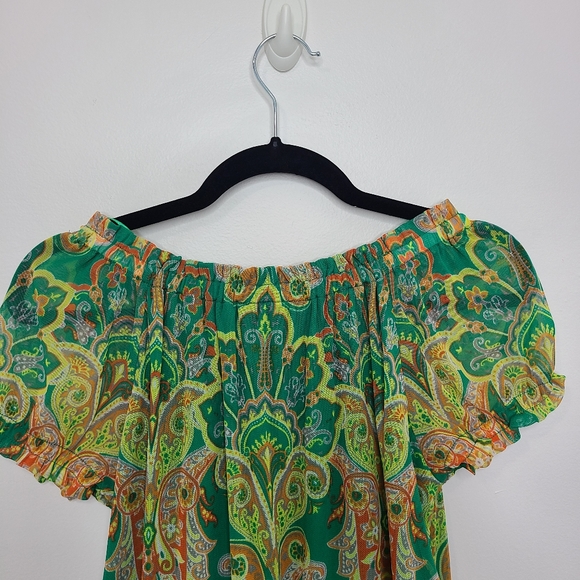 INC Top Blouse Short Sleeve Scoop Neck Smocked Green Ruffled Size Medium … - Picture 11 of 14